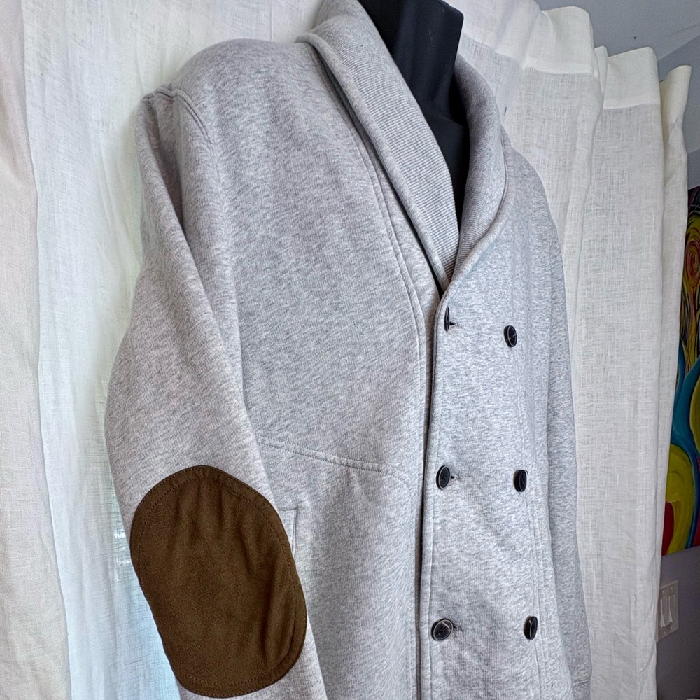H&M Light Gray Double-Breasted Jacket with Brown Elbow Patches